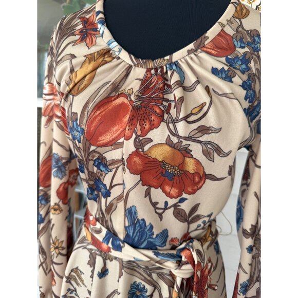 Vintage 70's Sears MOD Big Floral Belted Dress Beige Blue Size 10 - Picture 4 of 12